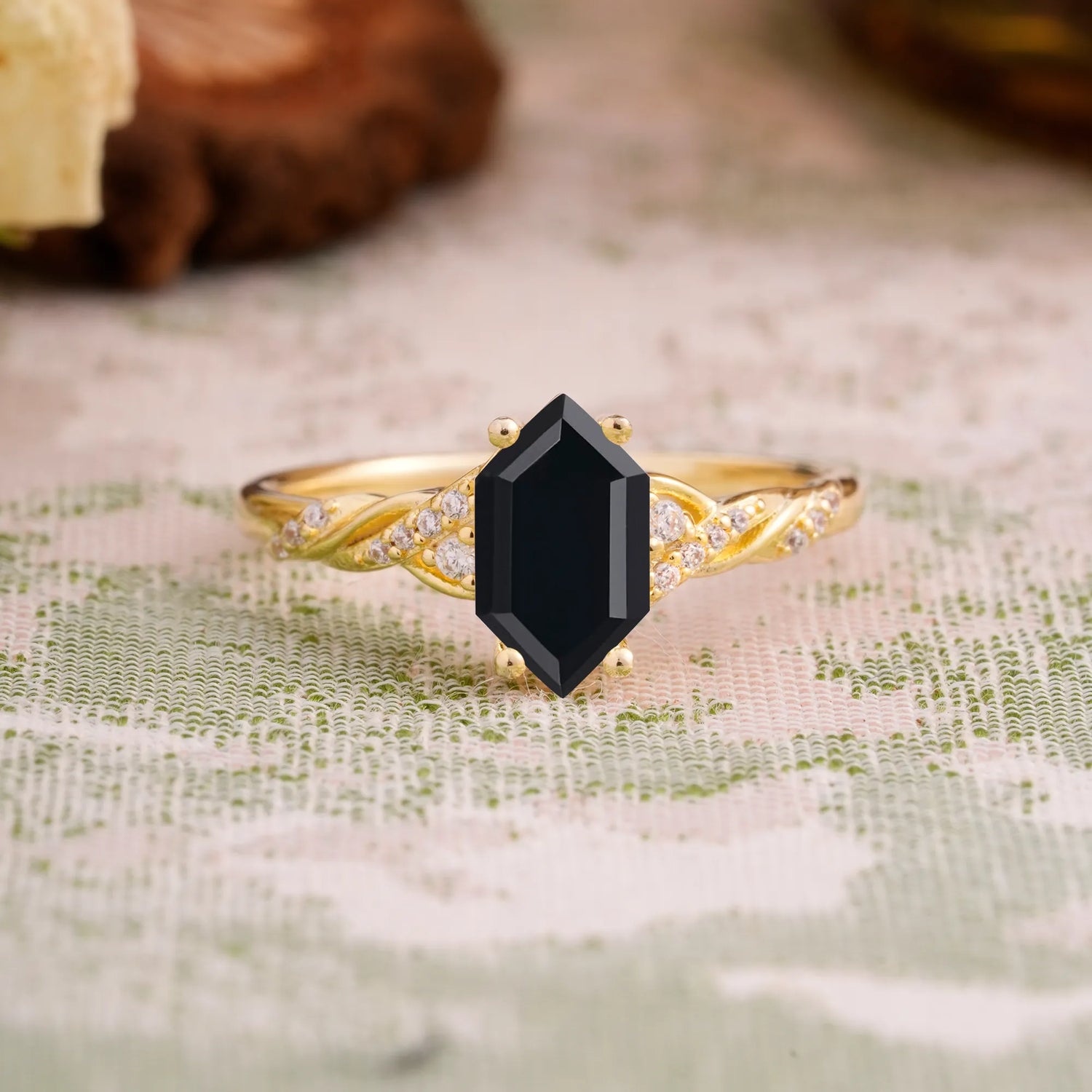 Classic 4-Prong Hexagonal-Cut Black Onyx Engagement Ring