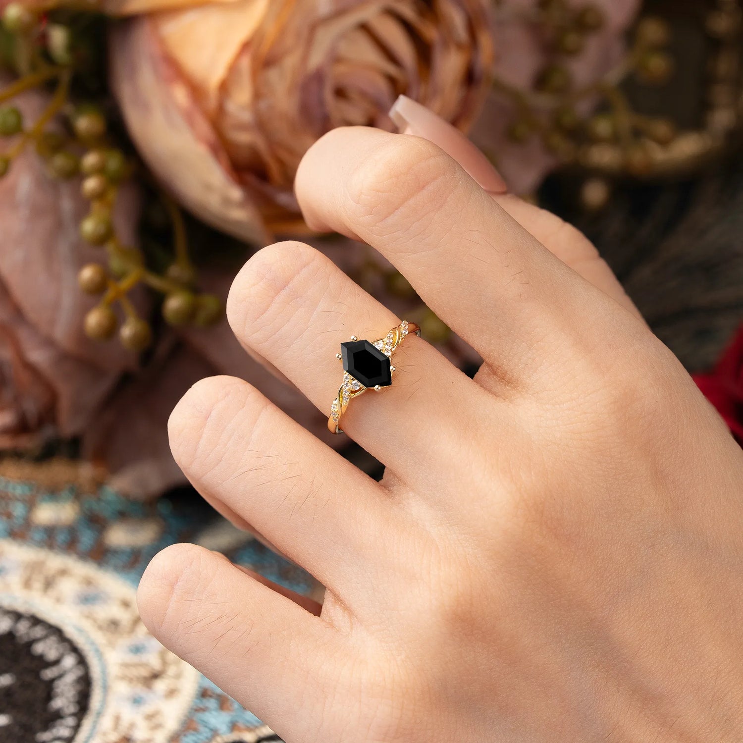 Classic 4-Prong Hexagonal-Cut Black Onyx Engagement Ring