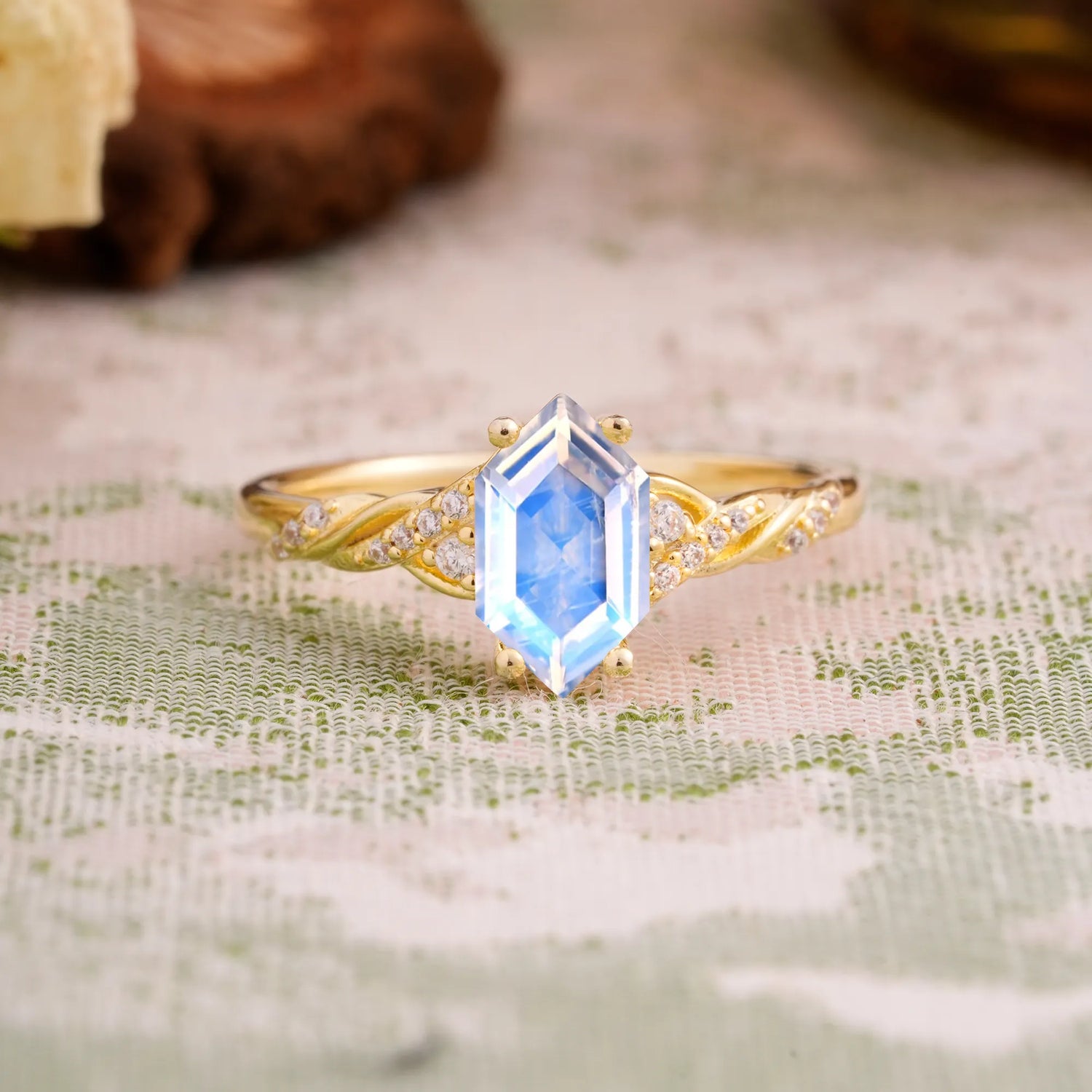 Classic 4-Prong Hexagonal-Cut Natural Moonstone Engagement Ring