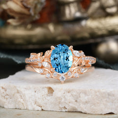Vintage 4-Prong Oval-Cut Aquamarine Engagement Ring Set