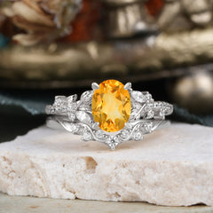 Vintage 4-Prong Oval-Cut Citrine Engagement Ring Set