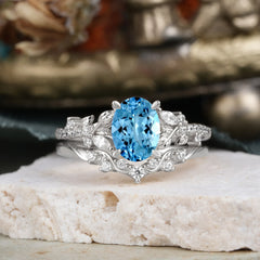 Vintage 4-Prong Oval-Cut Aquamarine Engagement Ring Set