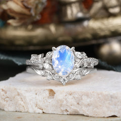 Vintage 4-Prong Oval-Cut Moonstone Engagement Ring Set
