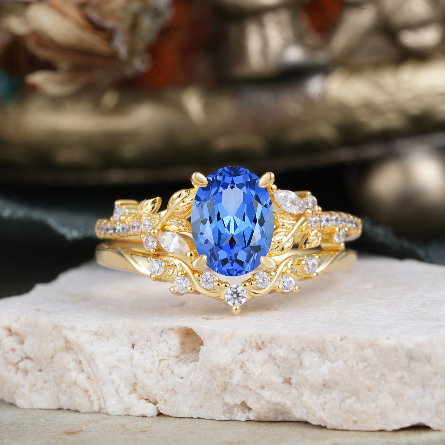 Vintage 4-Prong Oval-Cut Sapphire Engagement Ring Set