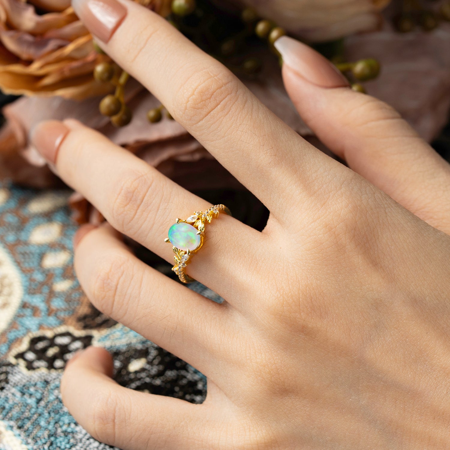 Vintage 4-Prong Oval-Cut Opal Engagement Ring Set