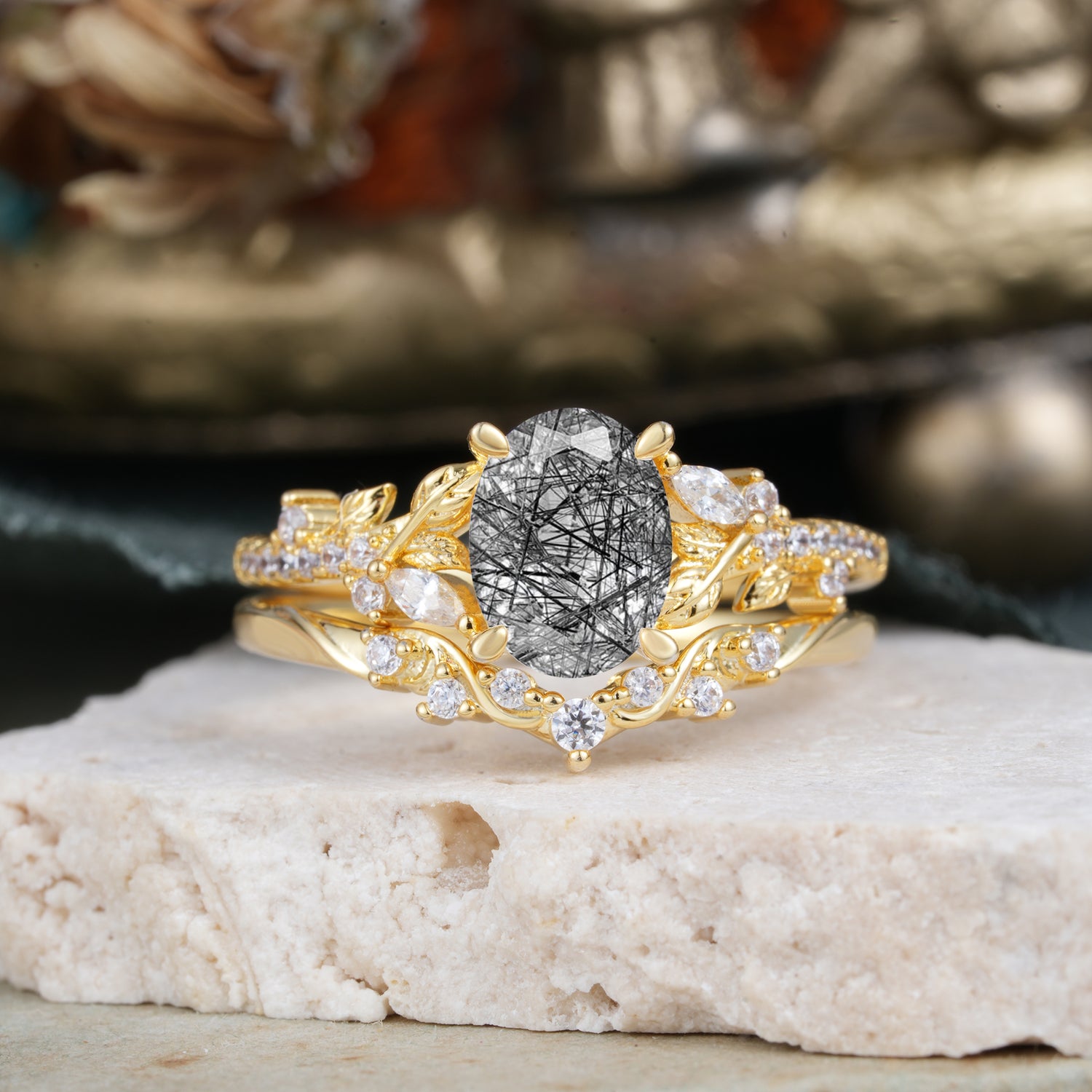 Vintage 4-Prong Oval-Cut Black Rutilated Quartz Engagement Ring Set