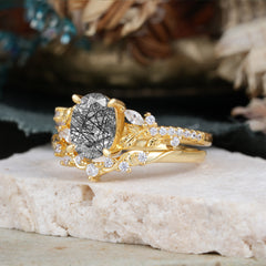 Vintage 4-Prong Oval-Cut Black Rutilated Quartz Engagement Ring Set