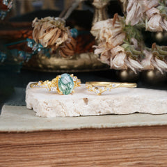Vintage 4-Prong Oval-Cut Moss Agate Engagement Ring Set