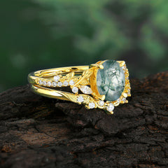 Vintage 4-Prong Oval-Cut Moss Agate Engagement Ring