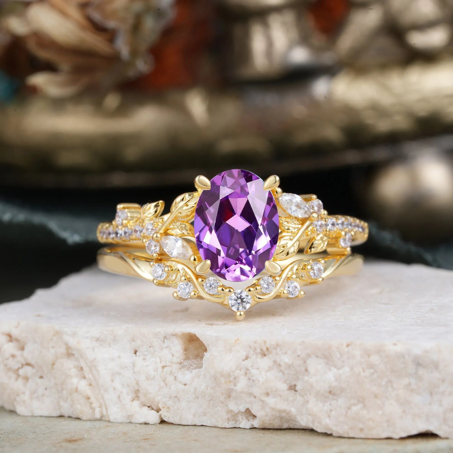 Vintage 4-Prong Oval-Cut Amethyst Engagement Ring Set