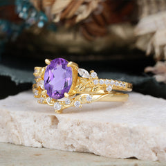 Vintage 4-Prong Oval-Cut Amethyst Engagement Ring Set