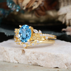 Vintage 4-Prong Oval-Cut Aquamarine Engagement Ring Set