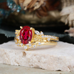 Vintage 4-Prong Oval-Cut Ruby Engagement Ring Set