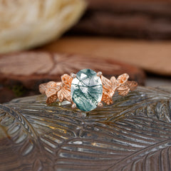 Nature-Inspired 4-Prong Oval-Cut Natural Moss Agate Engagement Ring