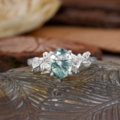 Nature-Inspired 4-Prong Oval-Cut Natural Moss Agate Engagement Ring