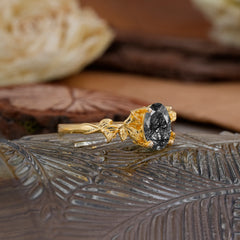 Nature-Inspired 4-Prong Oval-Cut Natural Black Rutilated Quartz Engagement Ring