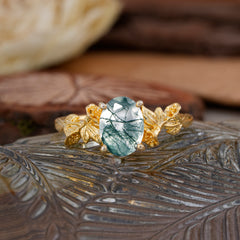 Nature-Inspired 4-Prong Oval-Cut Natural Moss Agate Engagement Ring