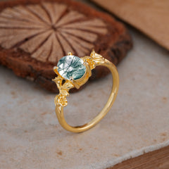 Nature-Inspired 4-Prong Oval-Cut Natural Moss Agate Engagement Ring