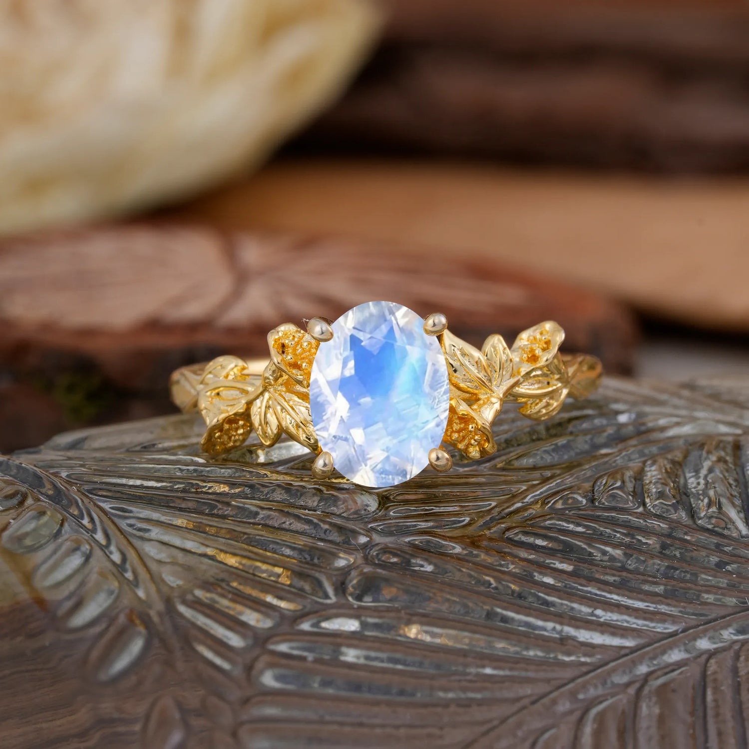 Nature-Inspired 4-Prong Oval-Cut Natural Moonstone Engagement Ring