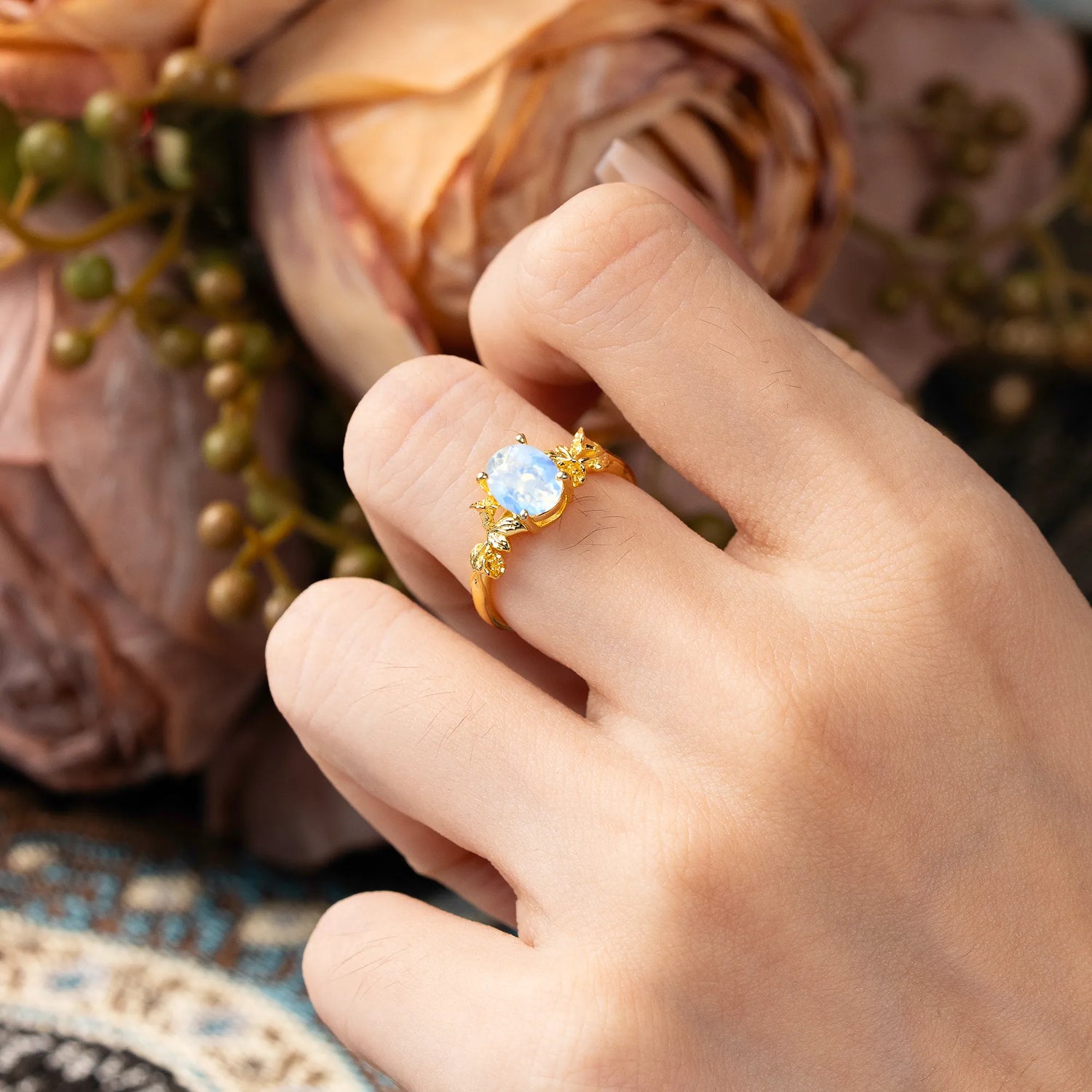 Nature-Inspired 4-Prong Oval-Cut Natural Moonstone Engagement Ring
