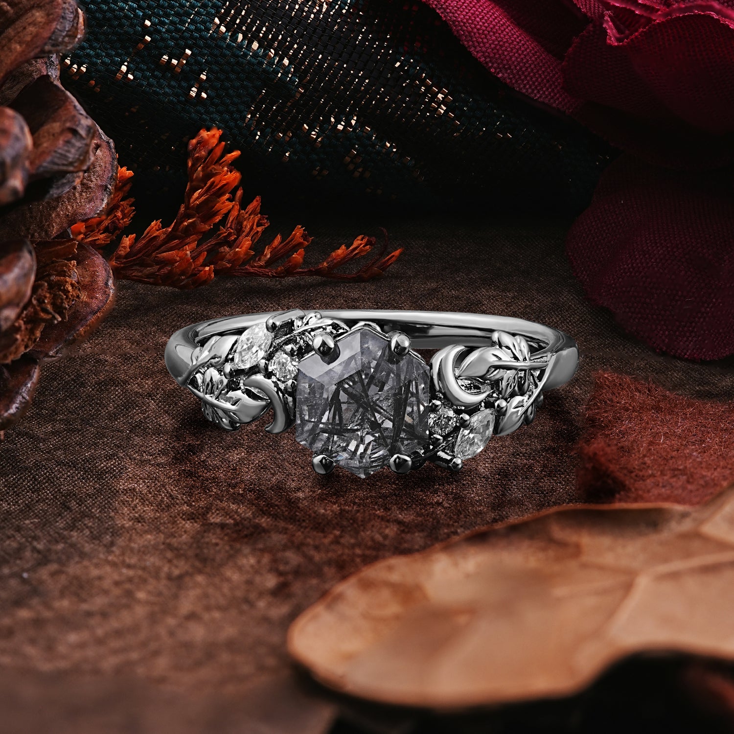 Halloween Limited-Crescent Moon Gothic Nature-Inspired Hexagon Cut Black Rutilated Quartz Ring