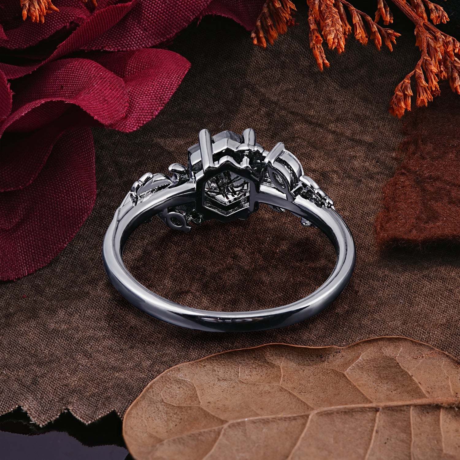 Halloween Limited-Crescent Moon Gothic Nature-Inspired Hexagon Cut Black Rutilated Quartz Ring