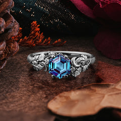 Halloween Limited-Crescent Moon Gothic Nature-Inspired Hexagon Cut Black Rutilated Quartz Ring
