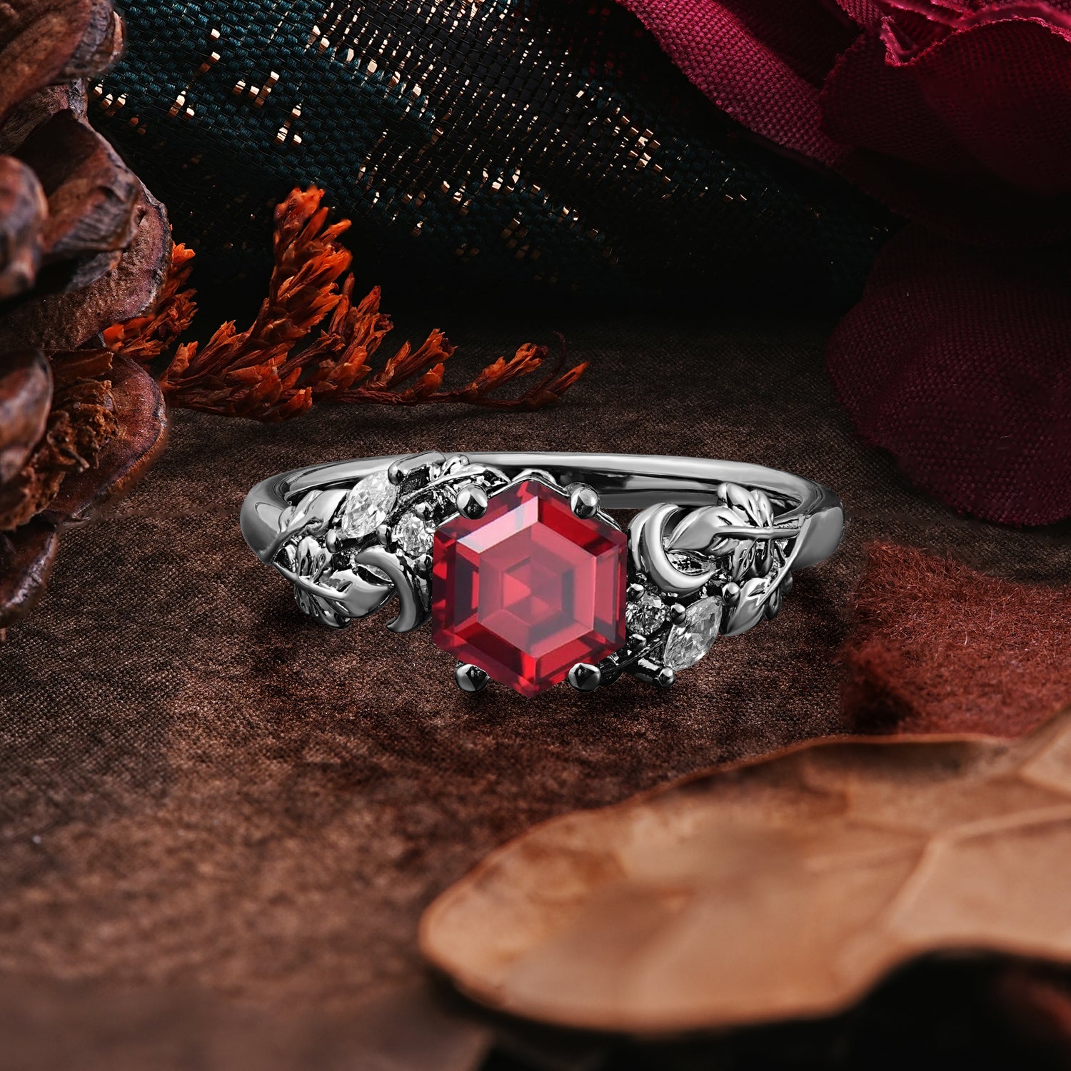 Dark Romantic Crescent Moon Hexagon Cut Nature-Inspired Ring - Romalar Jewelry