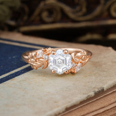 Fashion-Forward Hexagon-Cut Moissanite Engagement Ring - 4-Prong Nature-Inspired Design