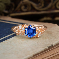 Fashion-Forward Hexagon Cut Natural Sapphire Engagement Ring - 4-Prong Nature-Inspired Design