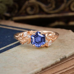 Fashion-Forward Hexagon Cut Natural Tanzanite Engagement Ring - 4-Prong Nature-Inspired Design