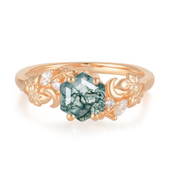 Fashion-Forward Hexagon-Cut Natural Moss Agate Engagement Ring - 4-Prong Nature-Inspired Design