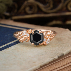 Fashion-Forward Hexagon Cut Natural Black Onyx Engagement Ring - 4-Prong Nature-Inspired Design