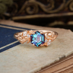 Fashion-Forward Hexagon Cut Natural Alexandrite Engagement Ring - 4-Prong Nature-Inspired Design