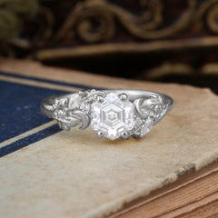 Fashion-Forward Hexagon-Cut Moissanite Engagement Ring - 4-Prong Nature-Inspired Design