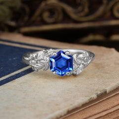 Fashion-Forward Hexagon Cut Natural Sapphire Engagement Ring - 4-Prong Nature-Inspired Design