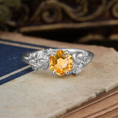 Fashion-Forward Hexagon Cut Natural Citrine Engagement Ring - 4-Prong Nature-Inspired Design