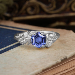 Fashion-Forward Hexagon Cut Natural Tanzanite Engagement Ring - 4-Prong Nature-Inspired Design