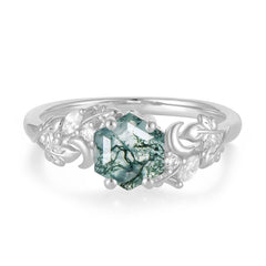 Fashion-Forward Hexagon-Cut Natural Moss Agate Engagement Ring - 4-Prong Nature-Inspired Design