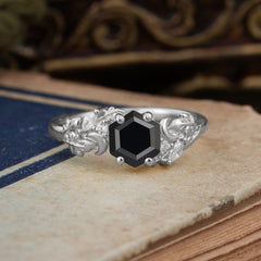 Fashion-Forward Hexagon Cut Natural Black Onyx Engagement Ring - 4-Prong Nature-Inspired Design