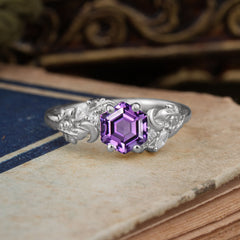 Fashion-Forward Hexagon Cut Natural Amethyst Engagement Ring - 4-Prong Nature-Inspired Design