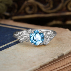Fashion-Forward Hexagon Cut Aquamarine Engagement Ring - 4-Prong Nature-Inspired Design
