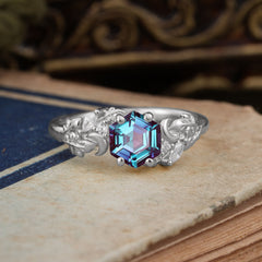 Fashion-Forward Hexagon Cut Natural Alexandrite Engagement Ring - 4-Prong Nature-Inspired Design