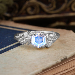 Fashion-Forward Hexagon Cut Natural Moonstone Engagement Ring - 4-Prong Nature-Inspired Design