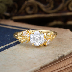 Fashion-Forward Hexagon-Cut Moissanite Engagement Ring - 4-Prong Nature-Inspired Design