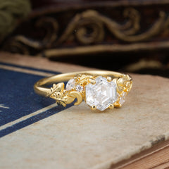 Fashion-Forward Hexagon-Cut Moissanite Engagement Ring - 4-Prong Nature-Inspired Design