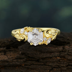 Fashion-Forward Hexagon-Cut Moissanite Engagement Ring - 4-Prong Nature-Inspired Design