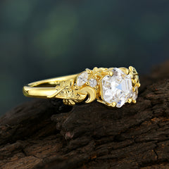 Fashion-Forward Hexagon-Cut Moissanite Engagement Ring - 4-Prong Nature-Inspired Design
