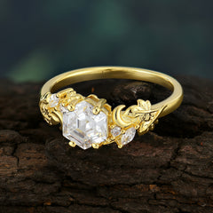 Fashion-Forward Hexagon-Cut Moissanite Engagement Ring - 4-Prong Nature-Inspired Design