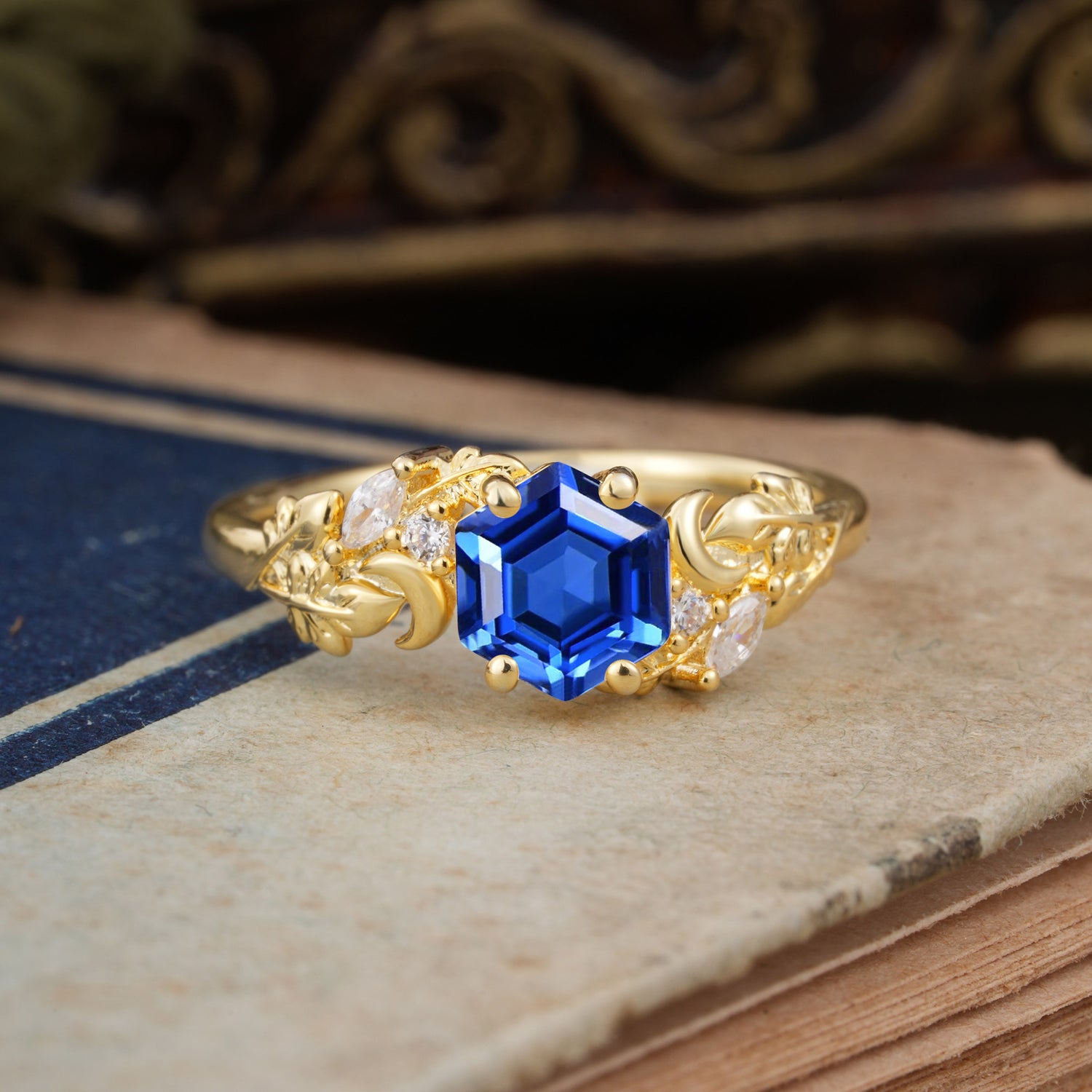 Fashion-Forward Hexagon Cut Sapphire Engagement Ring - 4-Prong Nature-Inspired Design - Romalar Jewelry